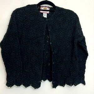 🌞 Tiara Petite black crochet open knit black button up cardigan sweater women MP
